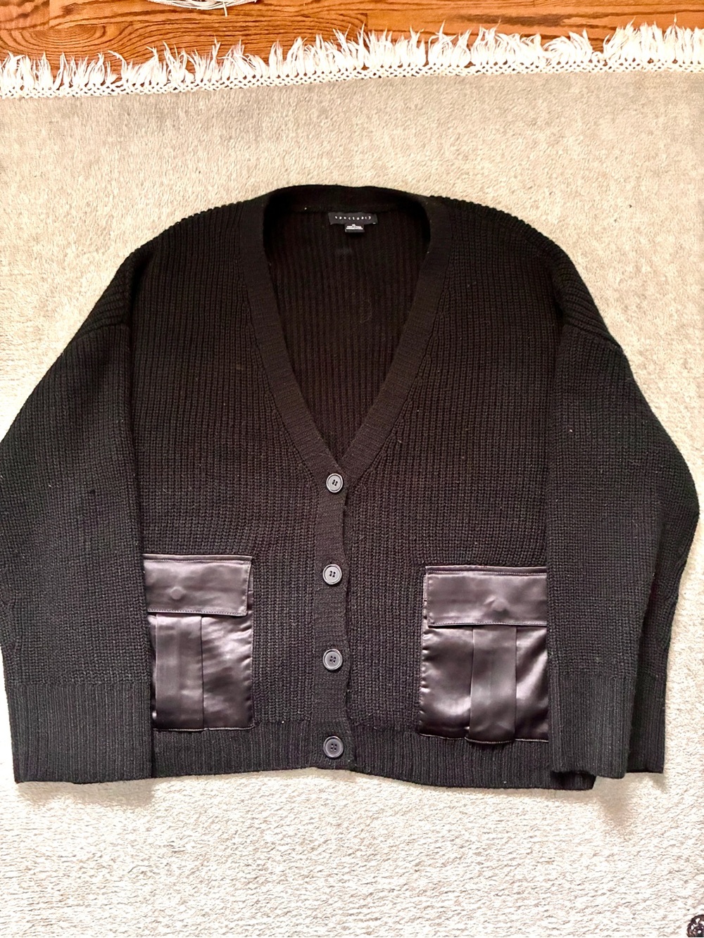 Sanctuary women's Black Button-Front Cardigan with Satin Patch Pockets, xl